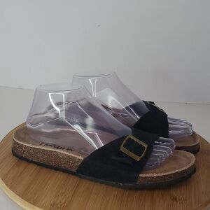 Natura Women's Black Leather Cork Slide Comfort Sandals Size 8